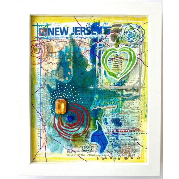 Jersey Beauty - Original Art Mixed Media Signed Painting Framed White 9”x11” - Picture 2 of 8